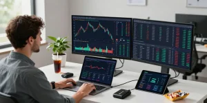 Cricbet user trading cryptocurrency with real-time charts in a modern financial technology workspace.