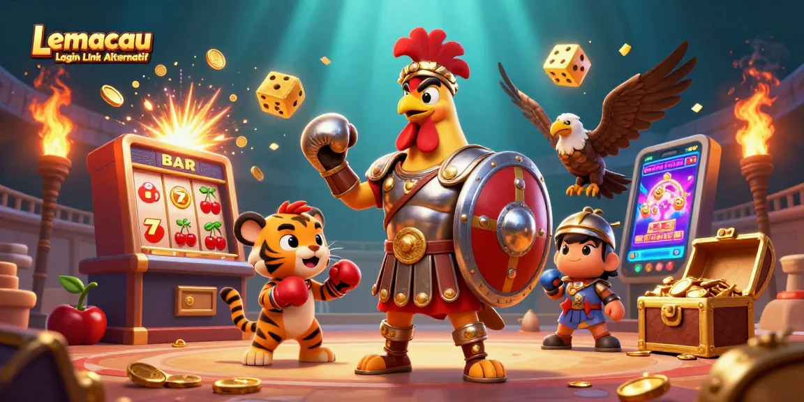 Engage with Lemacau Login Link Alternatif for thrilling casino experiences featuring a gladiator rooster and slot machine.