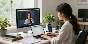 A young woman using the 纸飞机中文版 messaging app in a modern office, engaging in a video call.