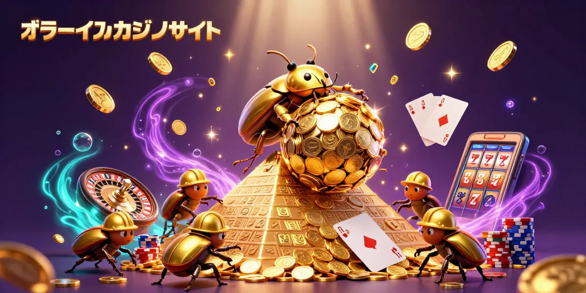 オンラインカジノサイトで金貨を転がすカブトムシのアート作品。
