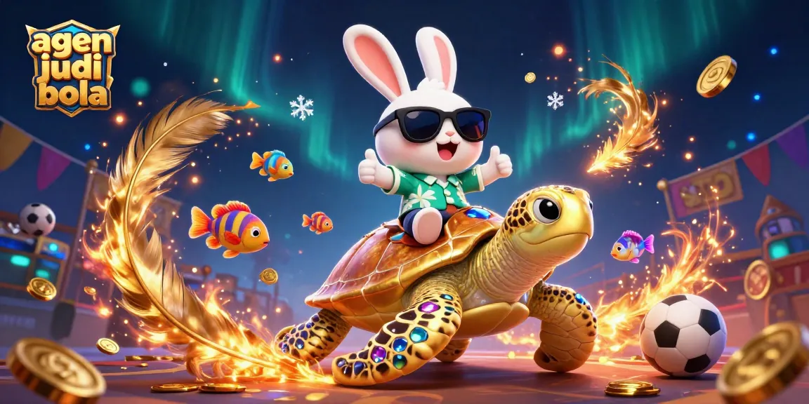Engage with agen judi bola through this vibrant 3D illustration featuring a playful rabbit and turtle amidst thrilling sports betting elements.