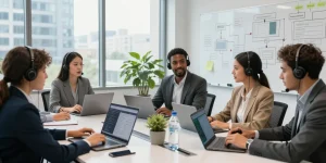 Team collaborating on small business IT support solutions in a modern office environment.