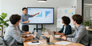 MBM team collaboration in a modern conference room with data presentations and engaged professionals.