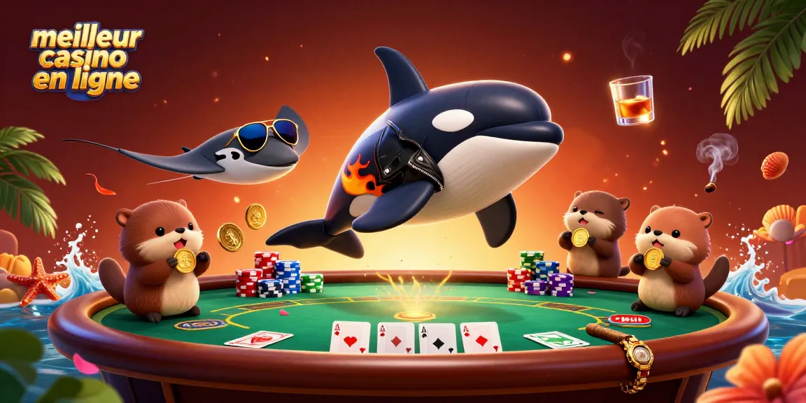 Illustration 3D d'un orque en veste de cuir et de raie avec des pièces d'or, représentant le meilleur casino en ligne.
