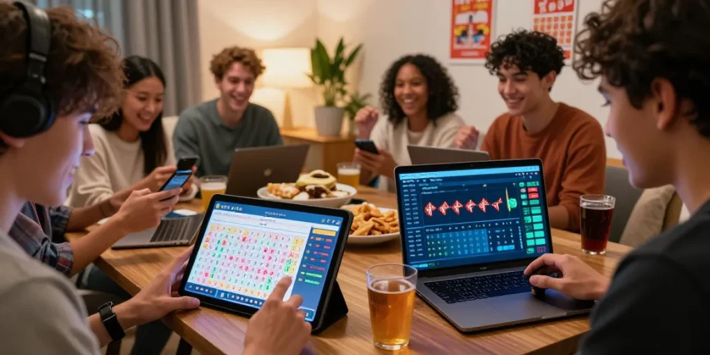 Dynamic scene of players following live toto macau draw results on mobile devices in a vibrant social setting.