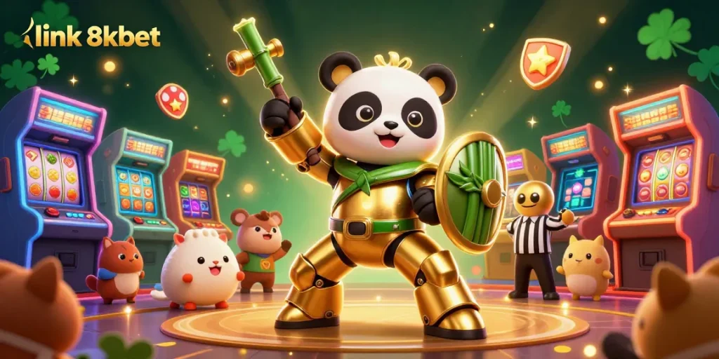 Experience the excitement of link 8xbet with vibrant casino visuals of slot machines and dynamic characters.