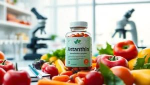 Showcase astaxanthin for inflammation with vibrant fruits and capsules in a lab setting.
