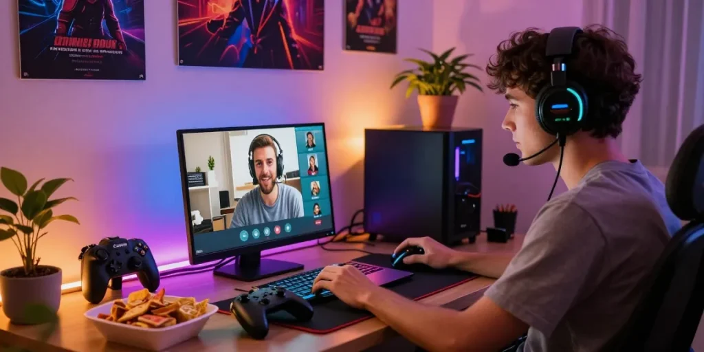 Player interacting on link alternatif raja328 gaming platform in vibrant gaming setup.