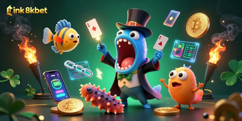 Experience thrilling wins at link 8xbet with vibrant casino characters showcasing card tricks amid glowing crypto elements.
