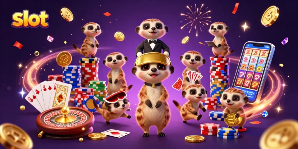 Engage with exciting slot gameplay in a vibrant casino scene featuring charming meerkats.