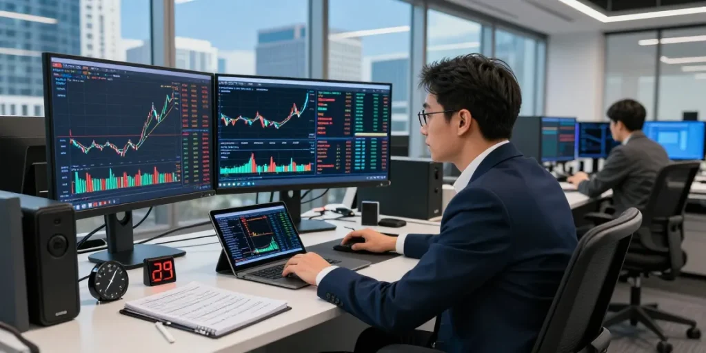 NAGA2000 trading setup with multiple screens in a modern office.