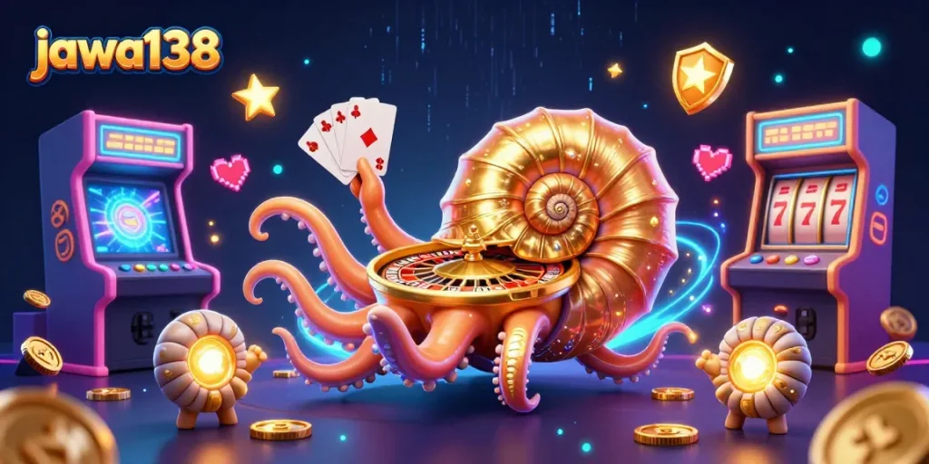 Play exciting games at jawa138 with colorful casino elements and a giant nautilus roulette!