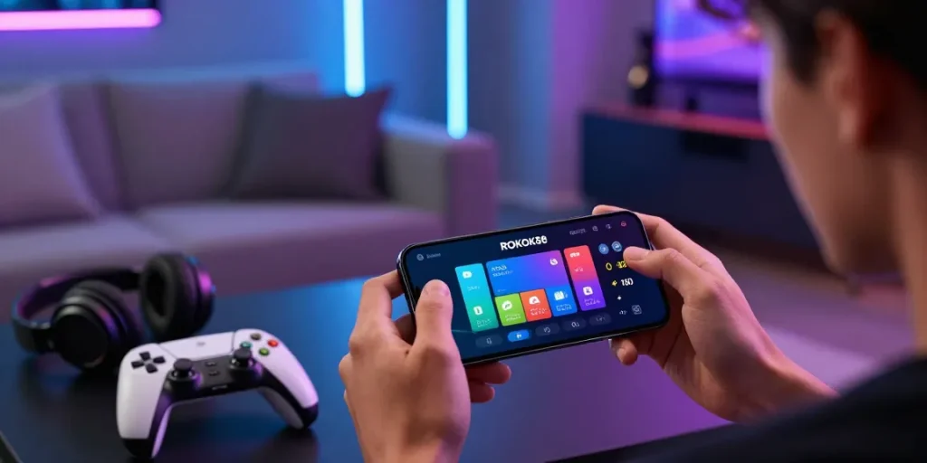 Exciting ROKOK88 gaming interface displayed on smartphone in a modern living room.