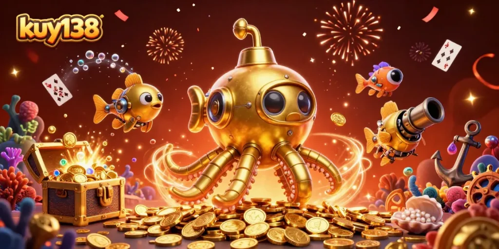 Gambarkan permainan slot yang seru di kuy138 dengan makhluk laut dan harta karun bawah laut.