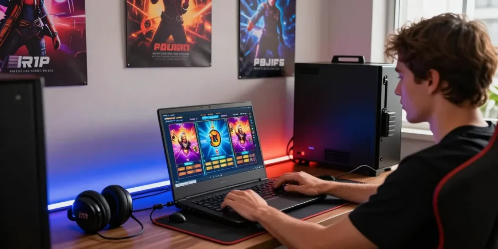 RTP slot online gaming setup dengan laptop canggih dan pencahayaan LED yang menarik.