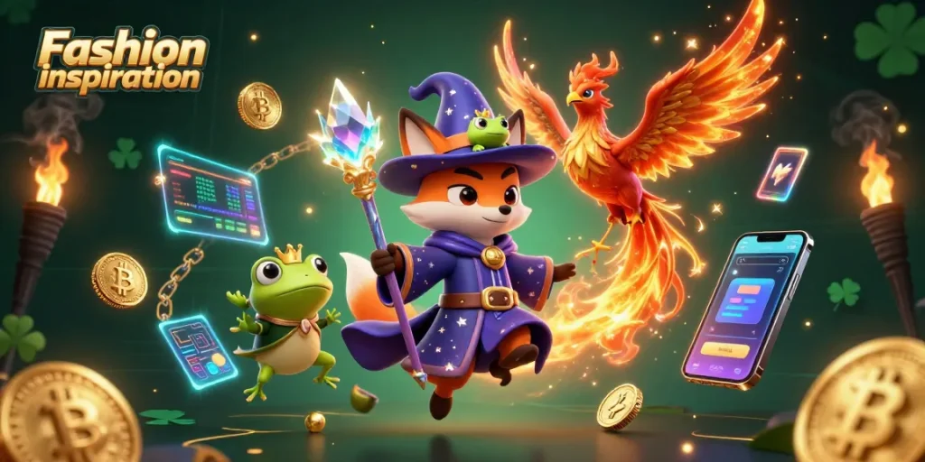 Experience fashion inspiration in a dynamic casino scene with mystical characters and crypto elements.